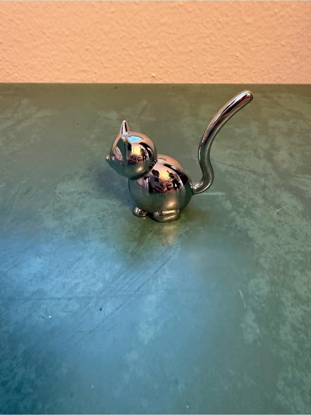 Silver Brass Cat Ring Holder w White Heart Shape Ceramic Keepsake Box